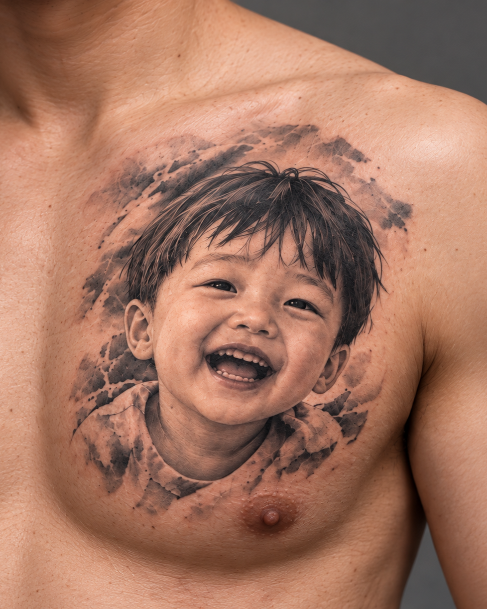 Detailed realistic portrait tattoo of a smiling boy on chest