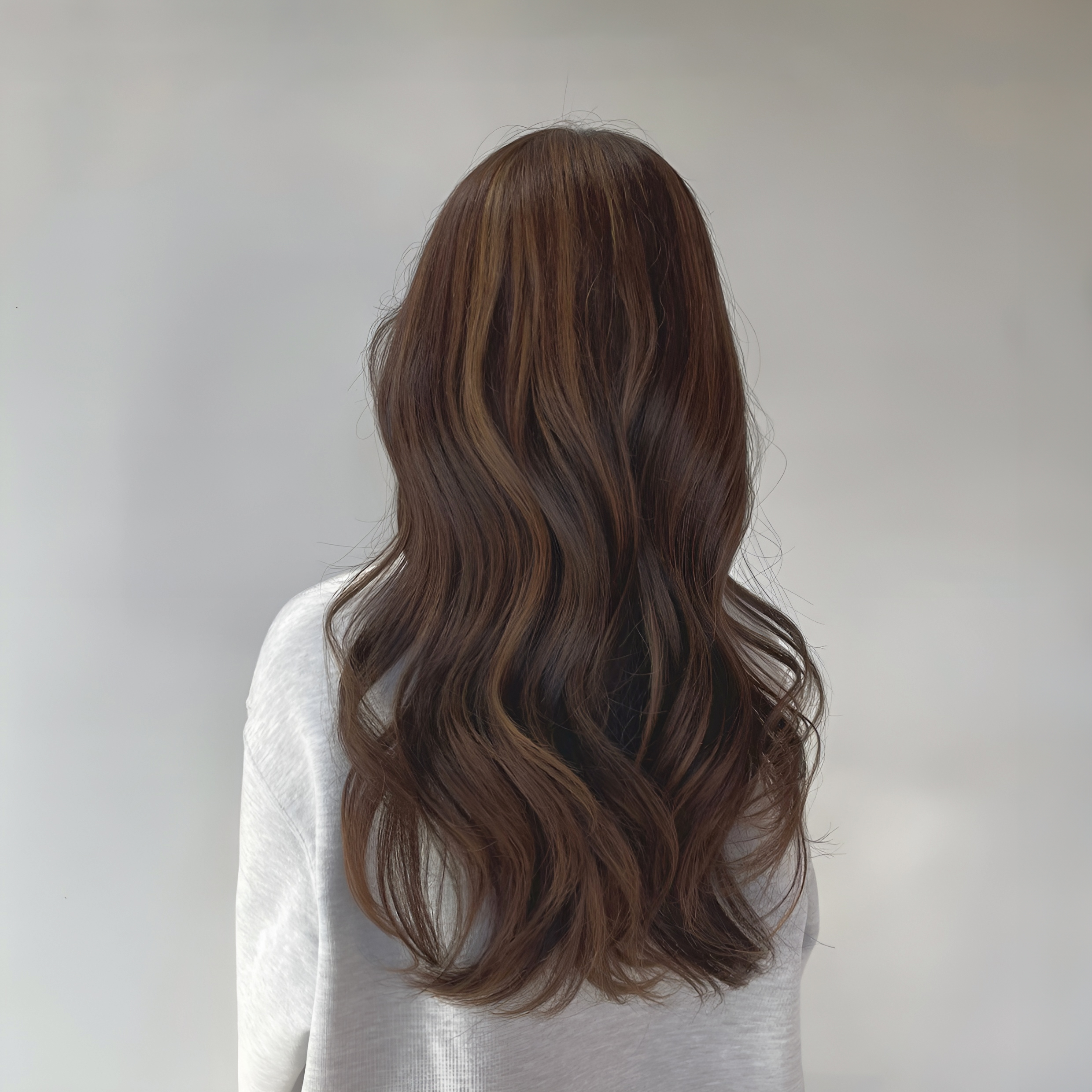 Back view of client with long, wavy dark brown hair styled with soft loose waves