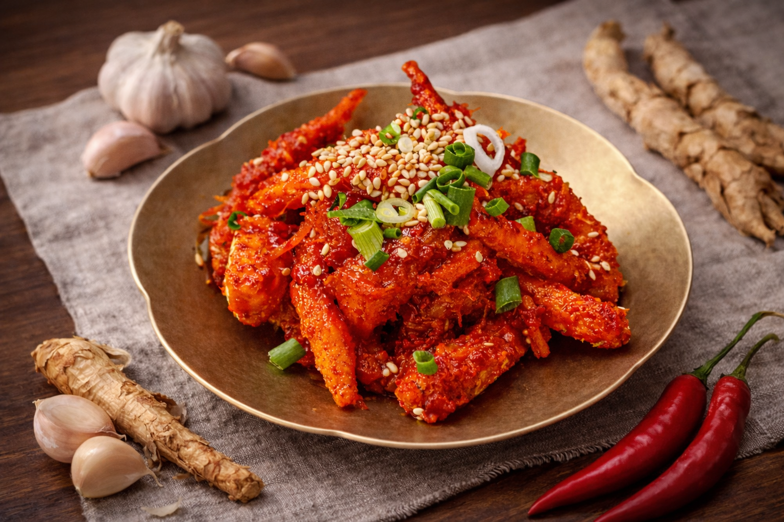 Spicy seasoned root banchan served on brass plate