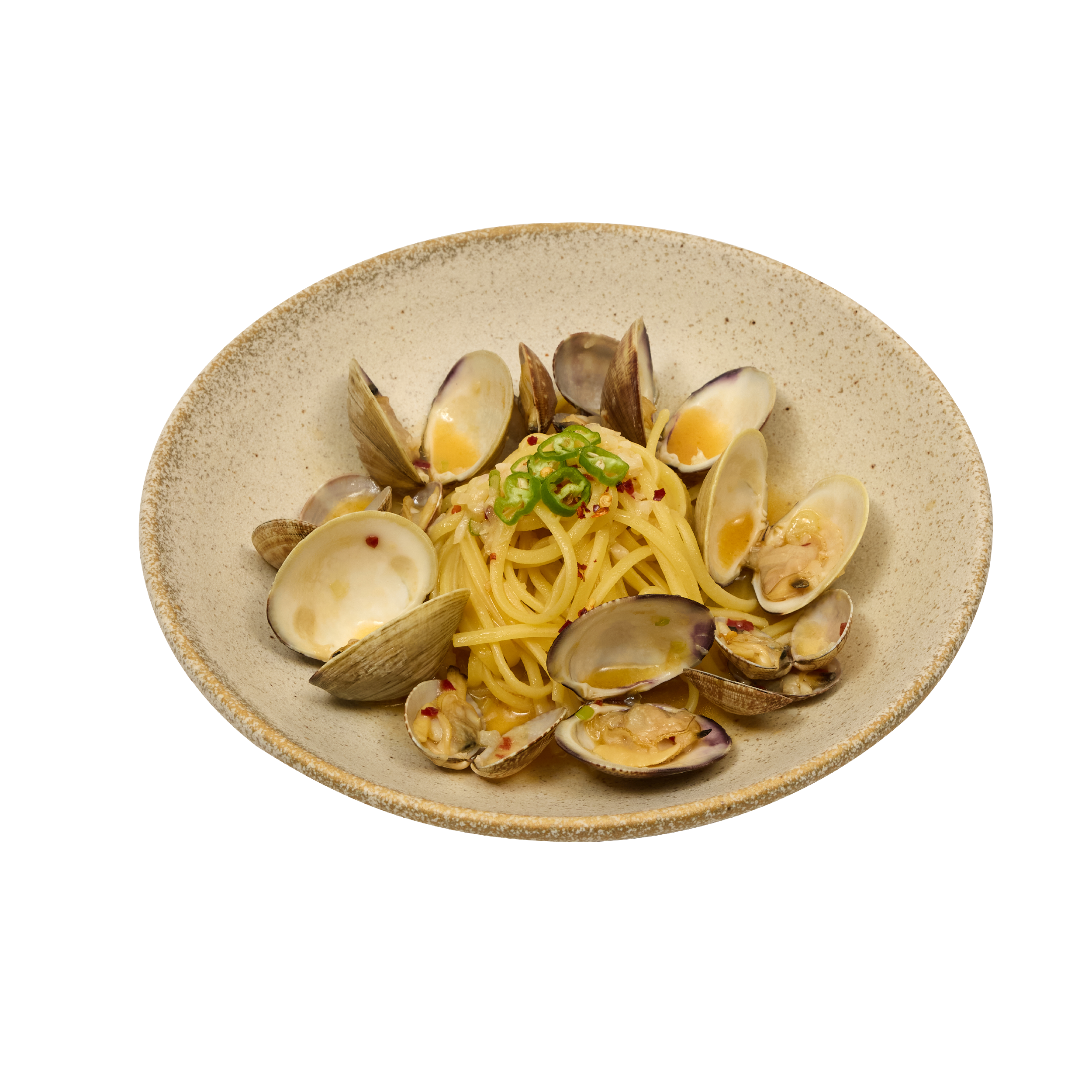 Spaghetti vongole with fresh clams and sliced green chili in speckled ceramic bowl