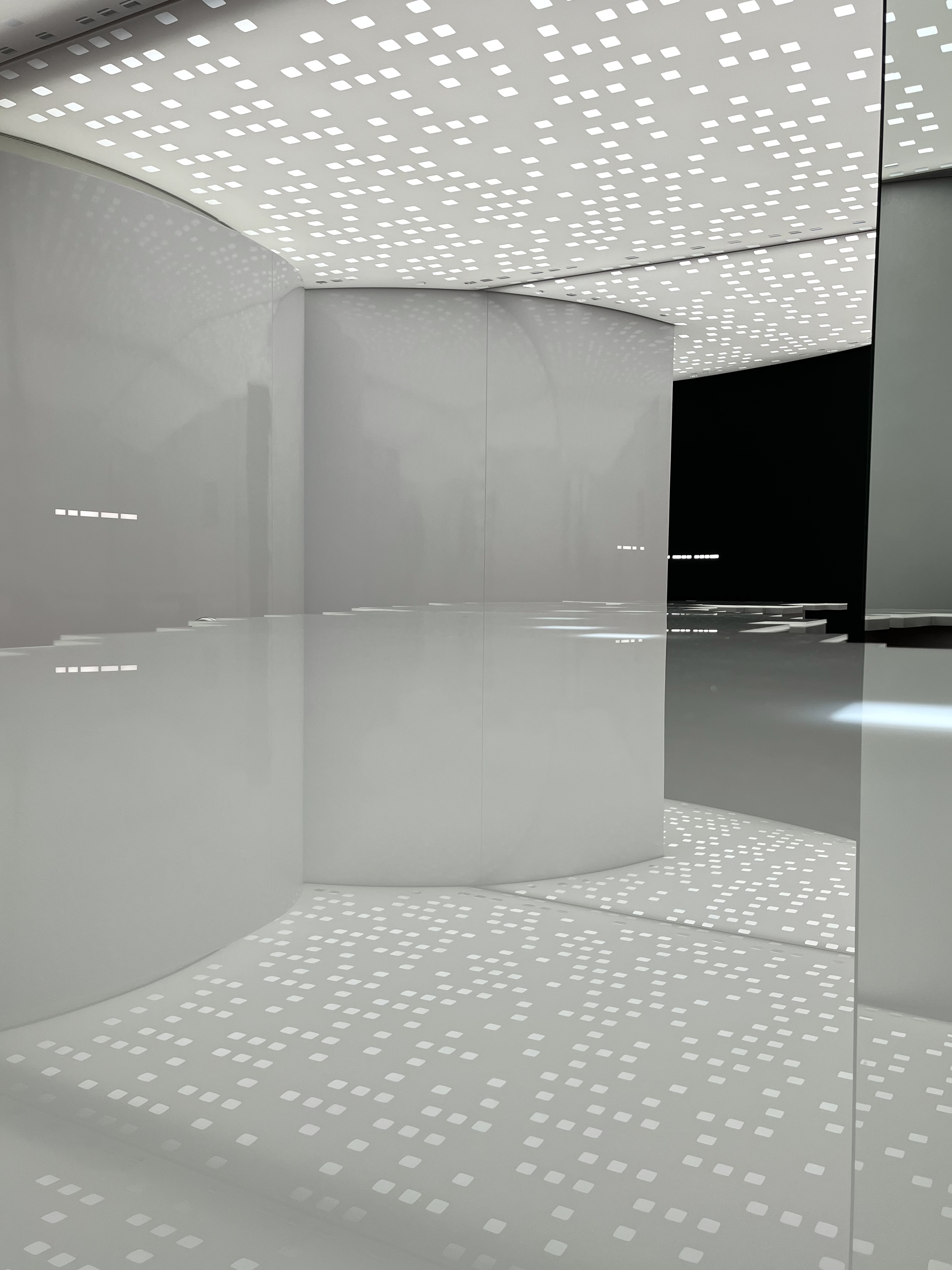 Minimalist modern interior corridor of the perfume atelier with grid lighting