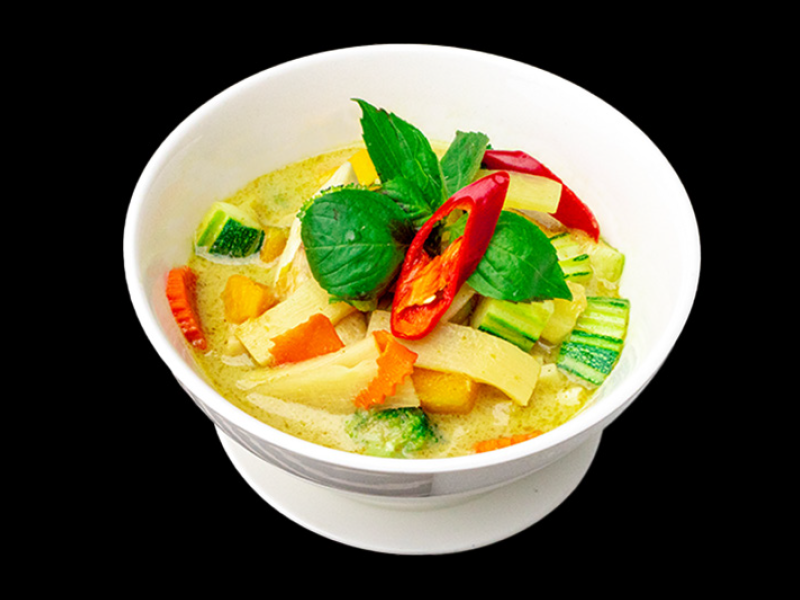 Fragrant Thai Green Curry with bamboo shoots, Thai basil, and coconut milk