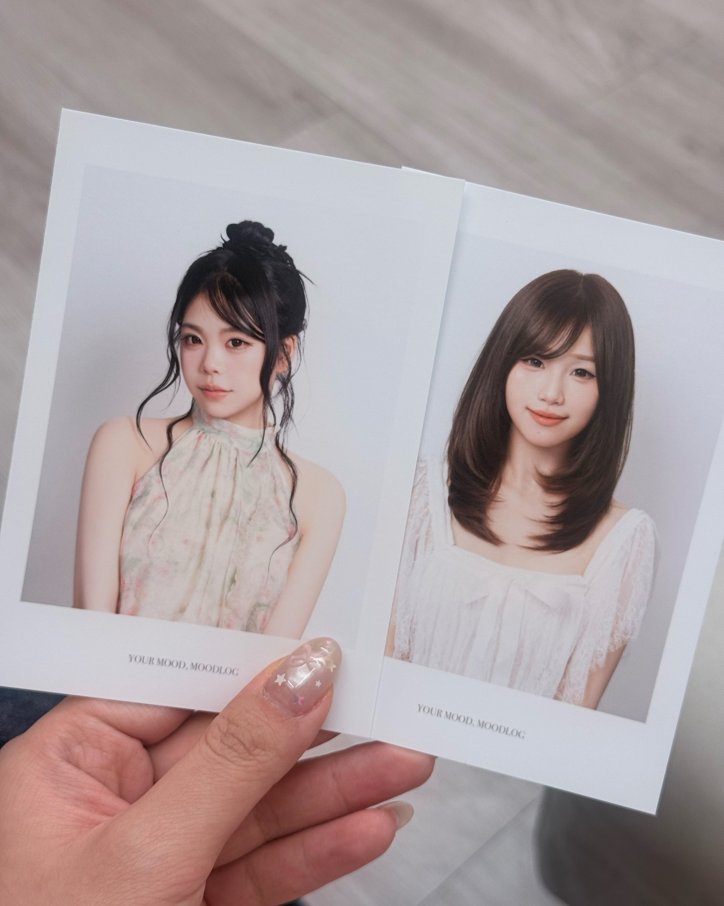 Printed portrait photographs showcasing hair styling outcomes
