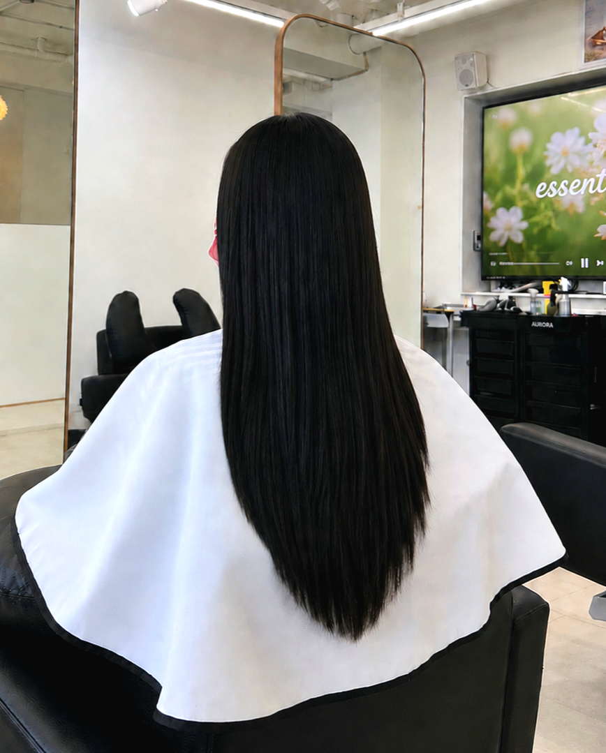 Person with long straight black hair seen from behind in beauty salon
