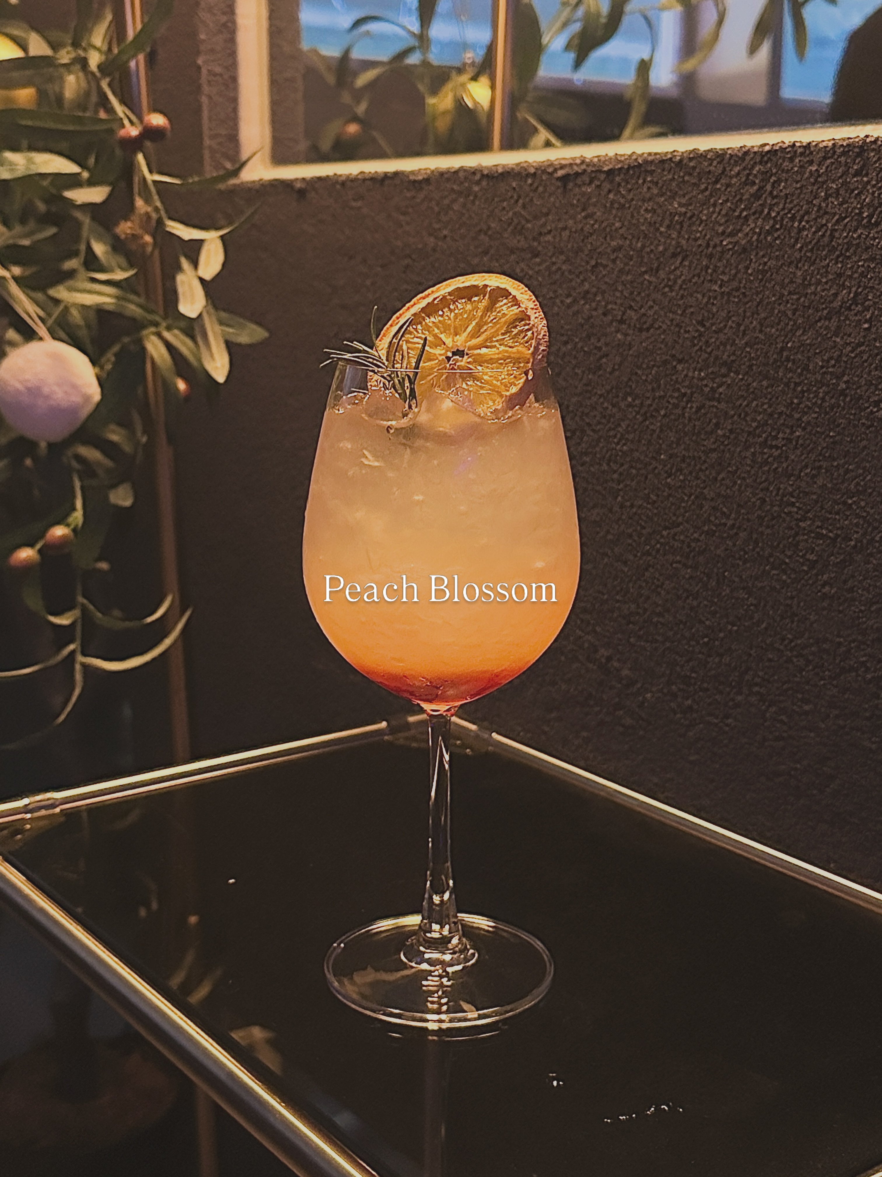Peach Blossom cocktail garnished with dried citrus slice and herbs in a stemmed glass