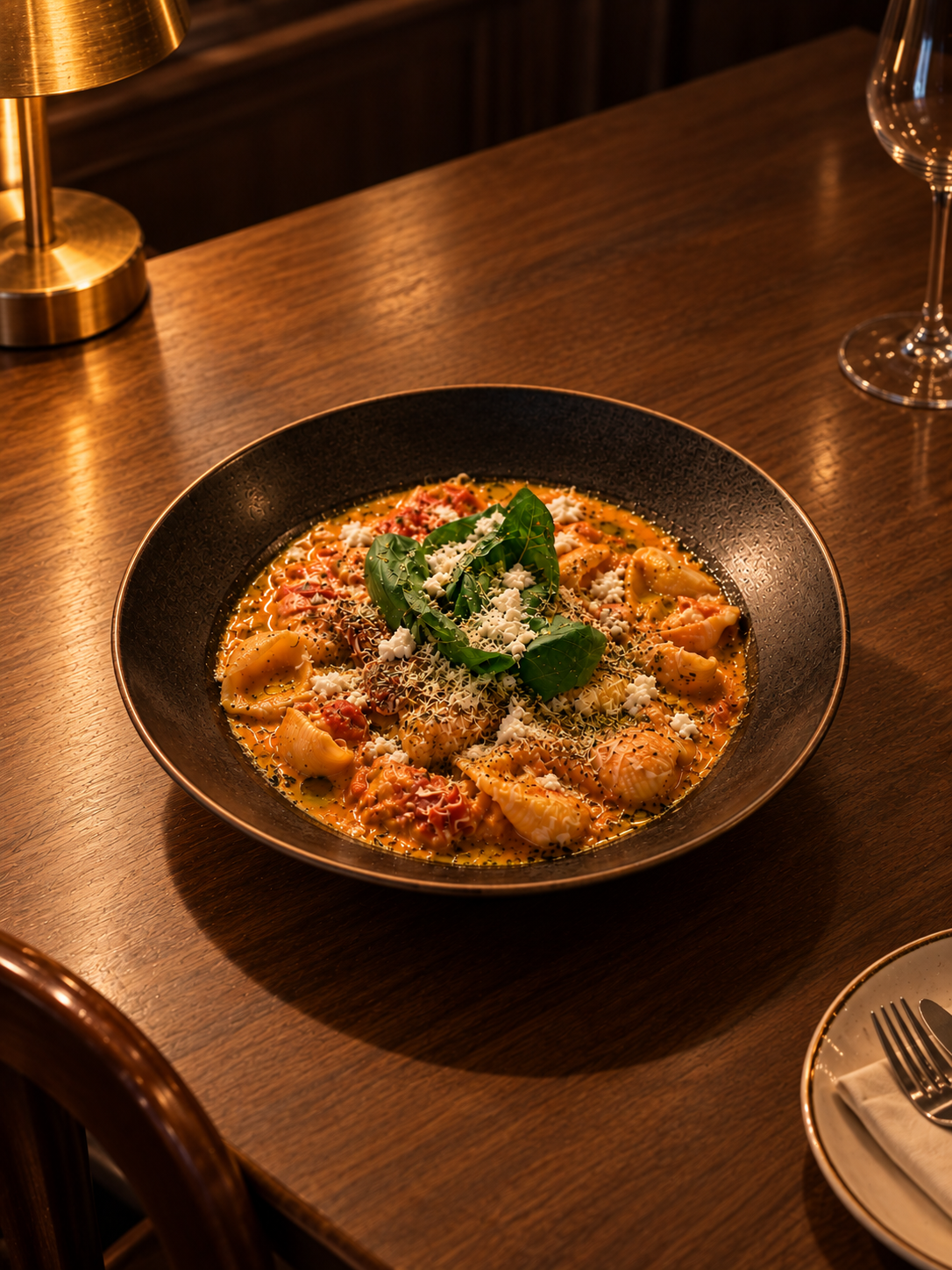 Moment Morocco Seongsu table arrangement with pasta, wine glass, and brass table lamp