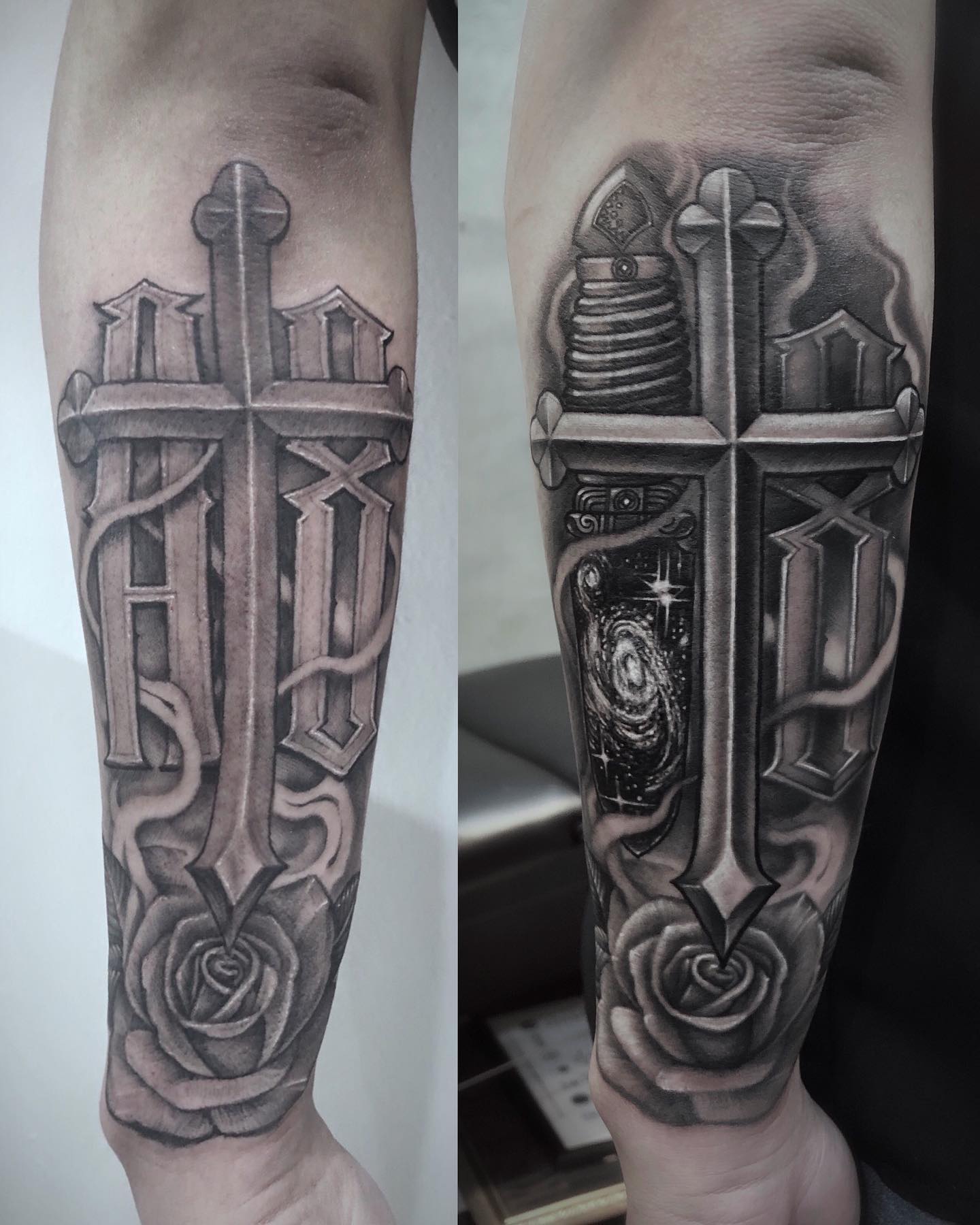 Before and after comparison of a black and grey tattoo on a forearm featuring a gothic cross, rose, and a galaxy design.