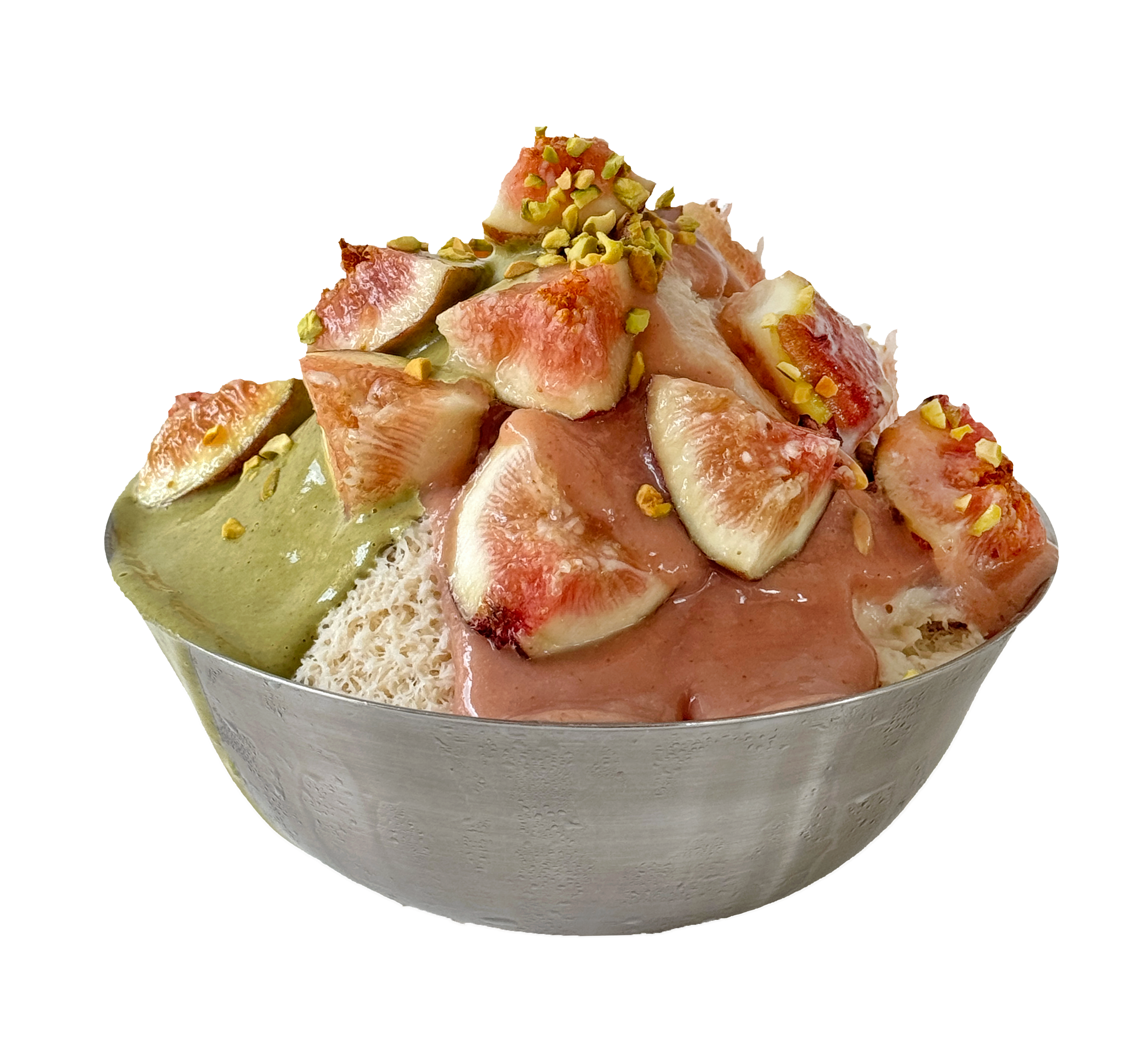 A metal bowl of shaved ice dessert topped with sliced fresh figs, green pistachio crumbles, and green and pink sauces.