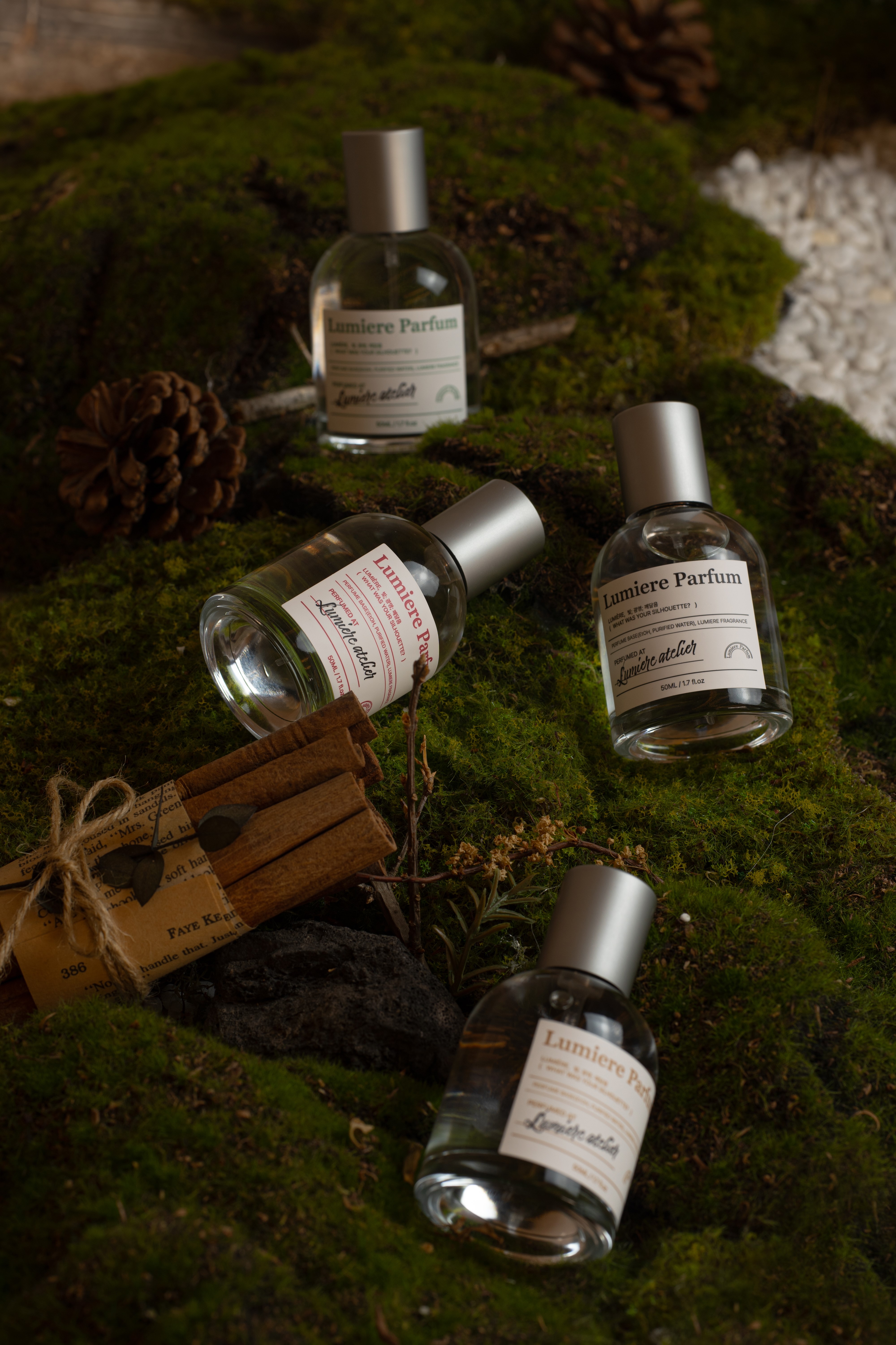 Perfume bottles arranged on living green moss with cinnamon sticks and pinecones