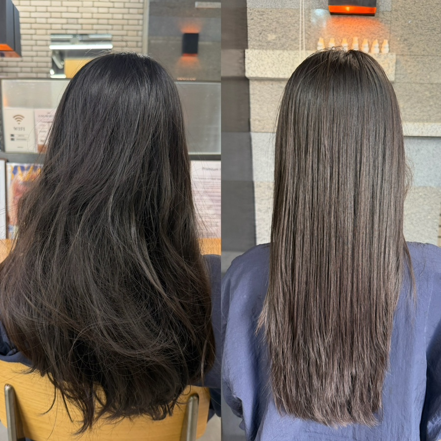 Before and after split screen of hair texture smoothing