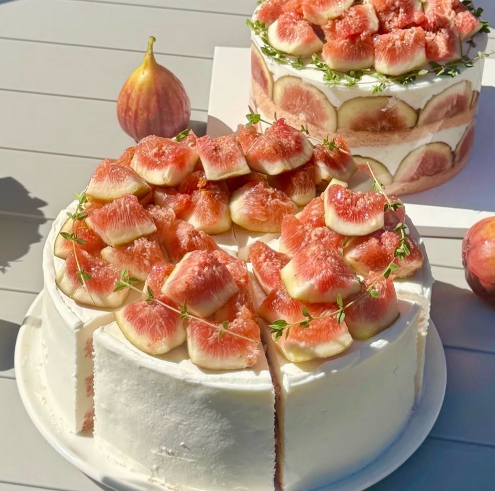 Fresh white fig cake with a slice removed