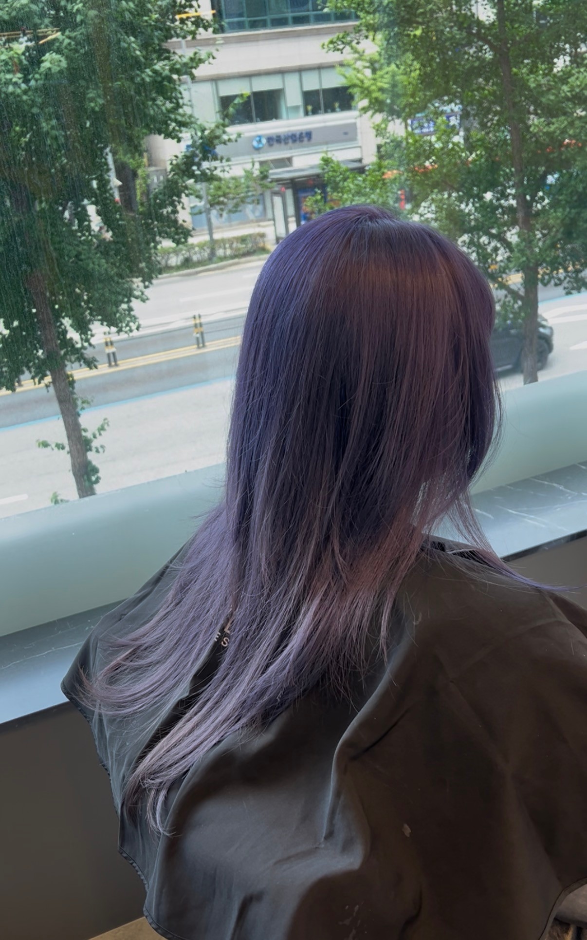Ash lavender tone salon coloring result by the window