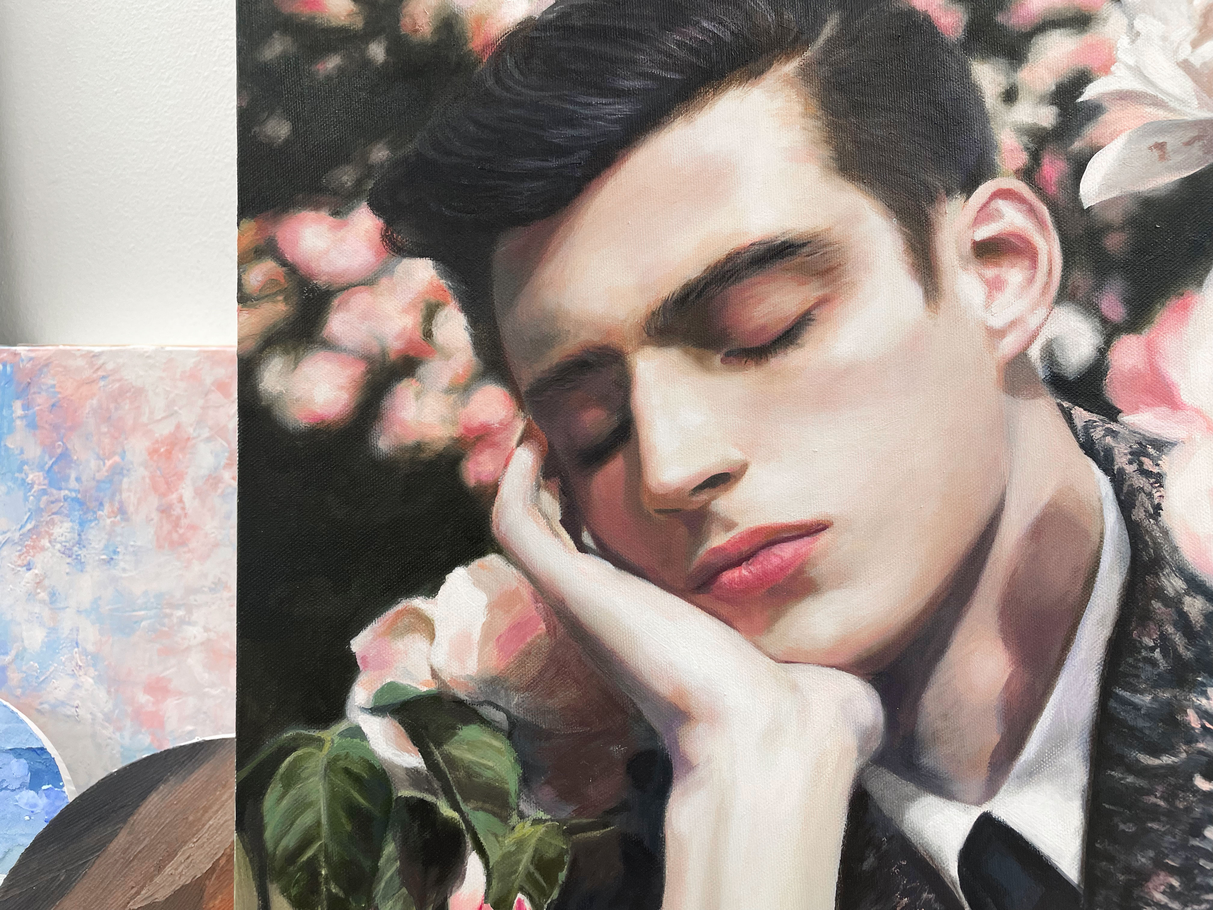 Oil painting portrait with flowers