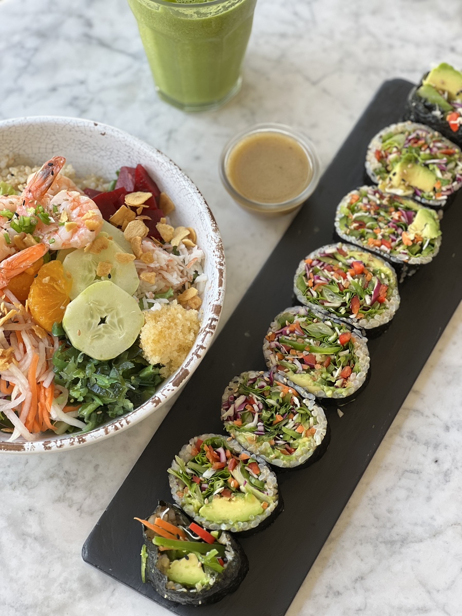 Quinoa vegetable rolls and shrimp bowl spread at Root Everyday Hannam