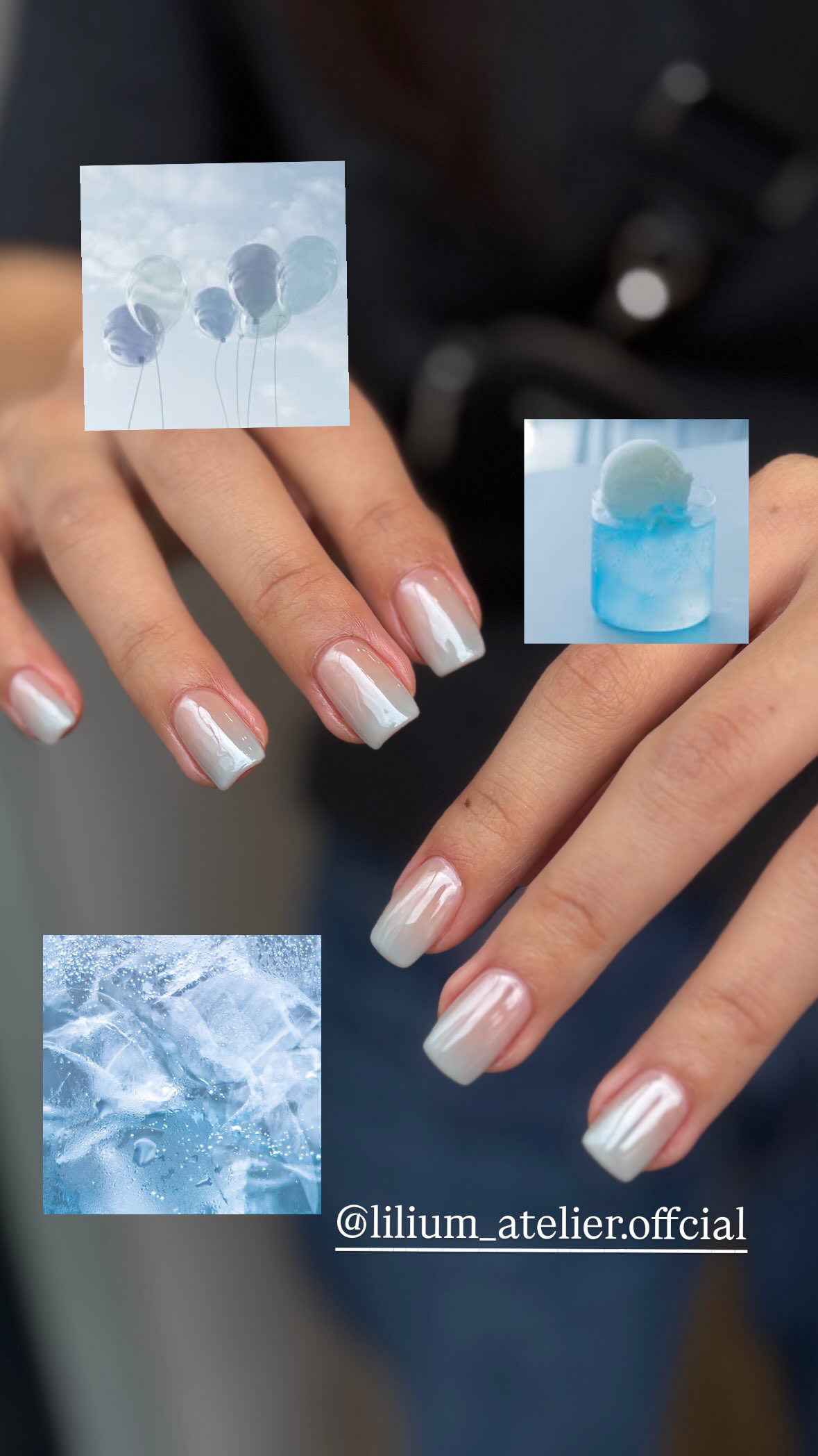 Soft pearlescent gradient nail finish transitioning into cool translucent tones
