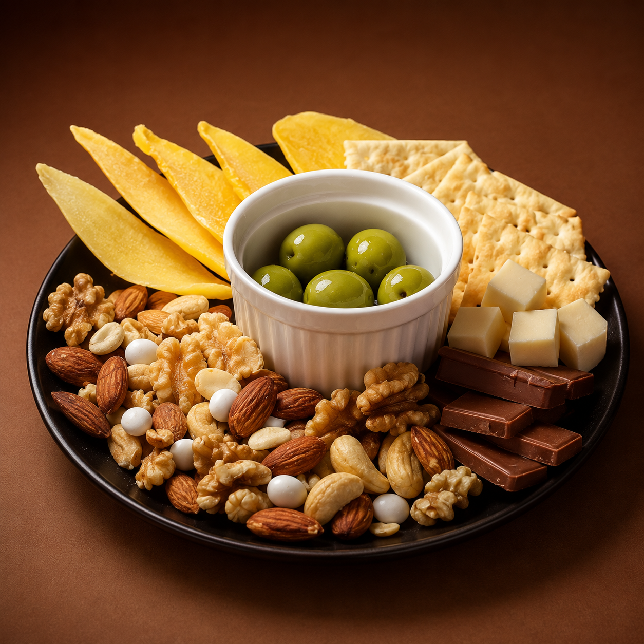 Artisan snack plate with olives, cheese, nuts, and crackers