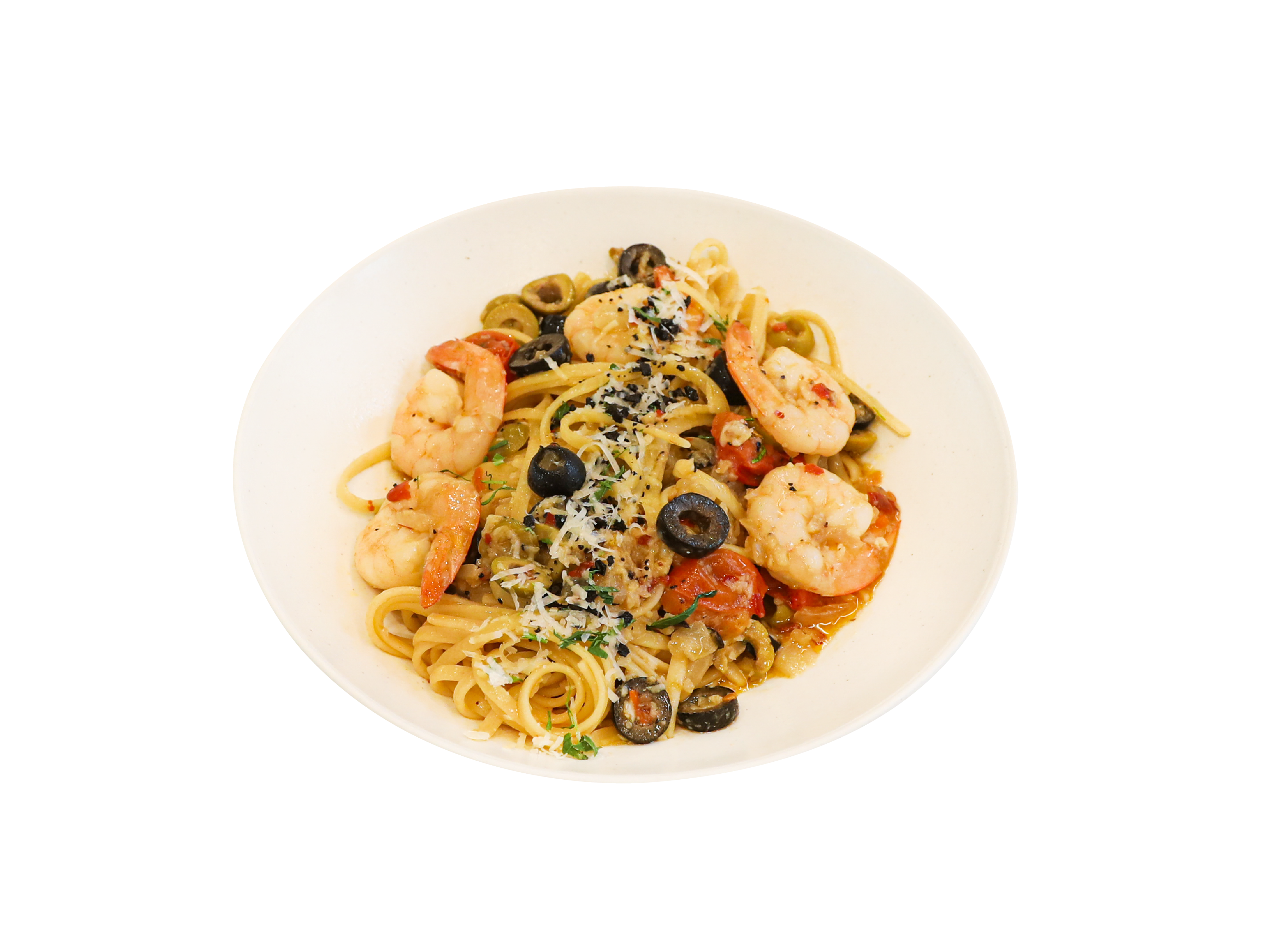 Linguine pasta with pan-seared shrimp, sliced olives, and sweet cherry tomatoes