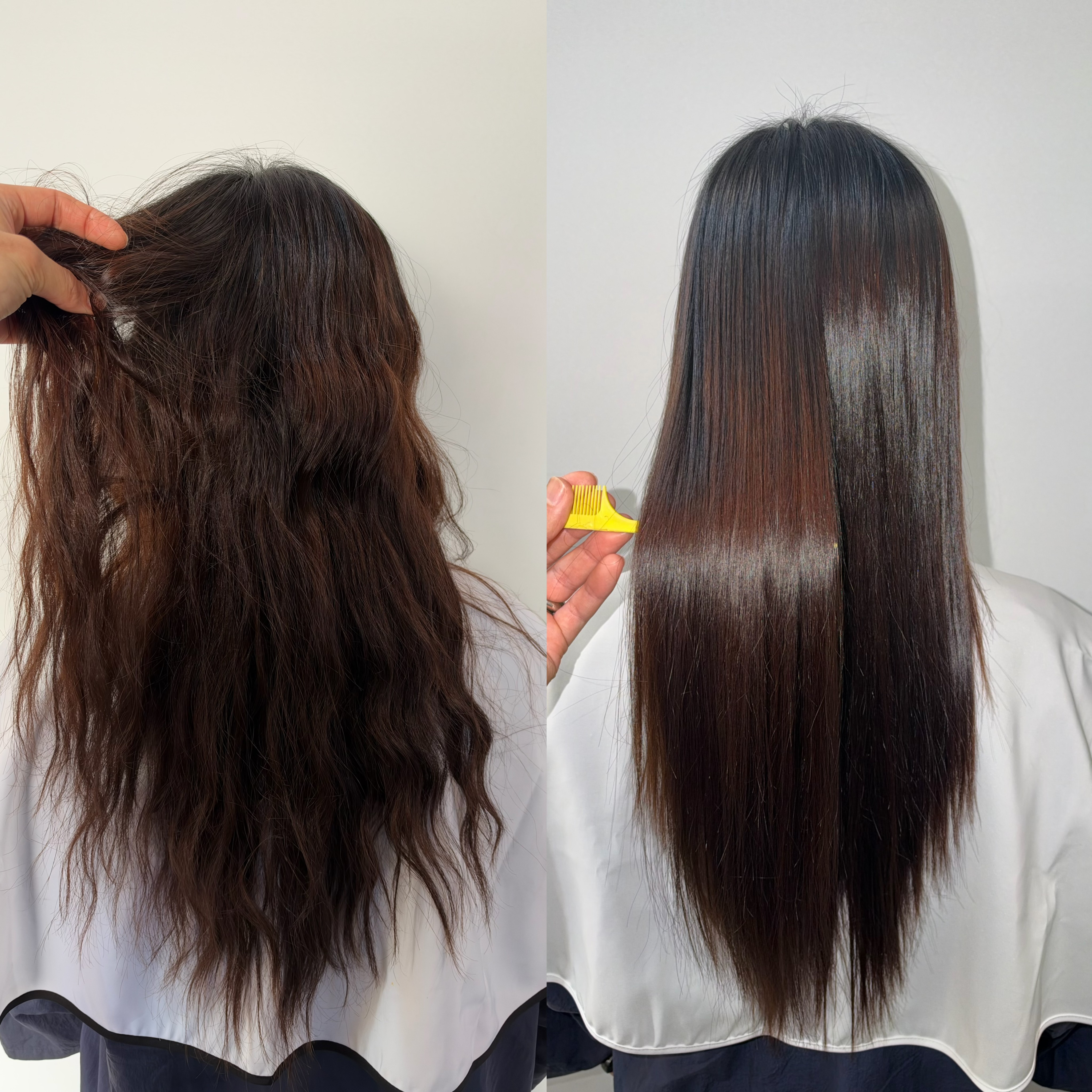 Hair texture transformation comparison showing frizzy hair smoothed into sleek finish