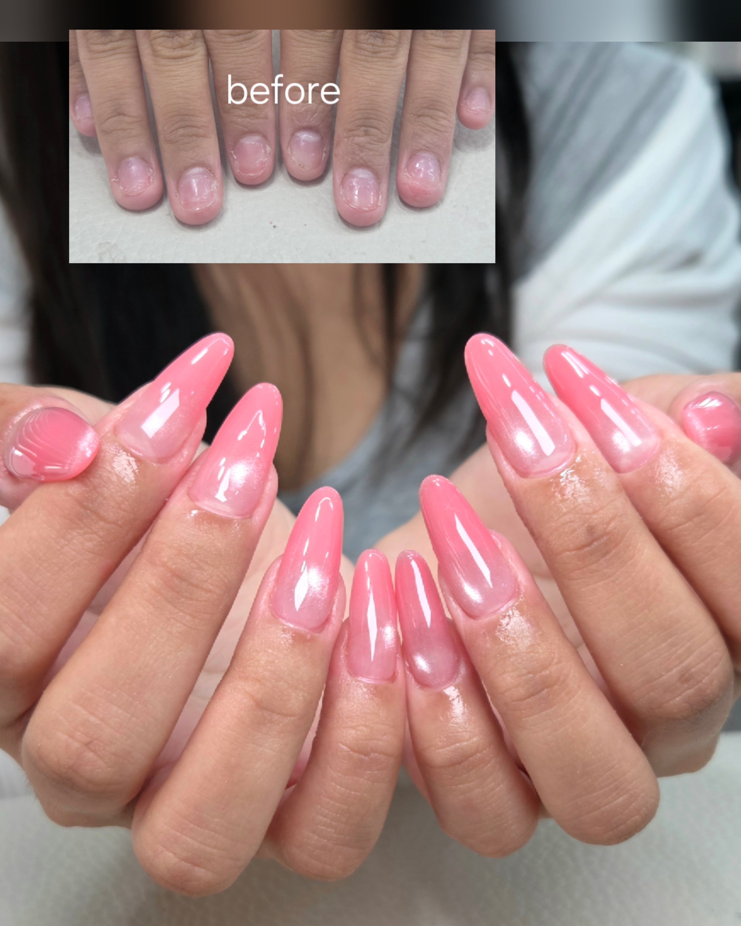 Before and after comparison of professional nail extension service with pink translucent glossy almond-shaped nails.