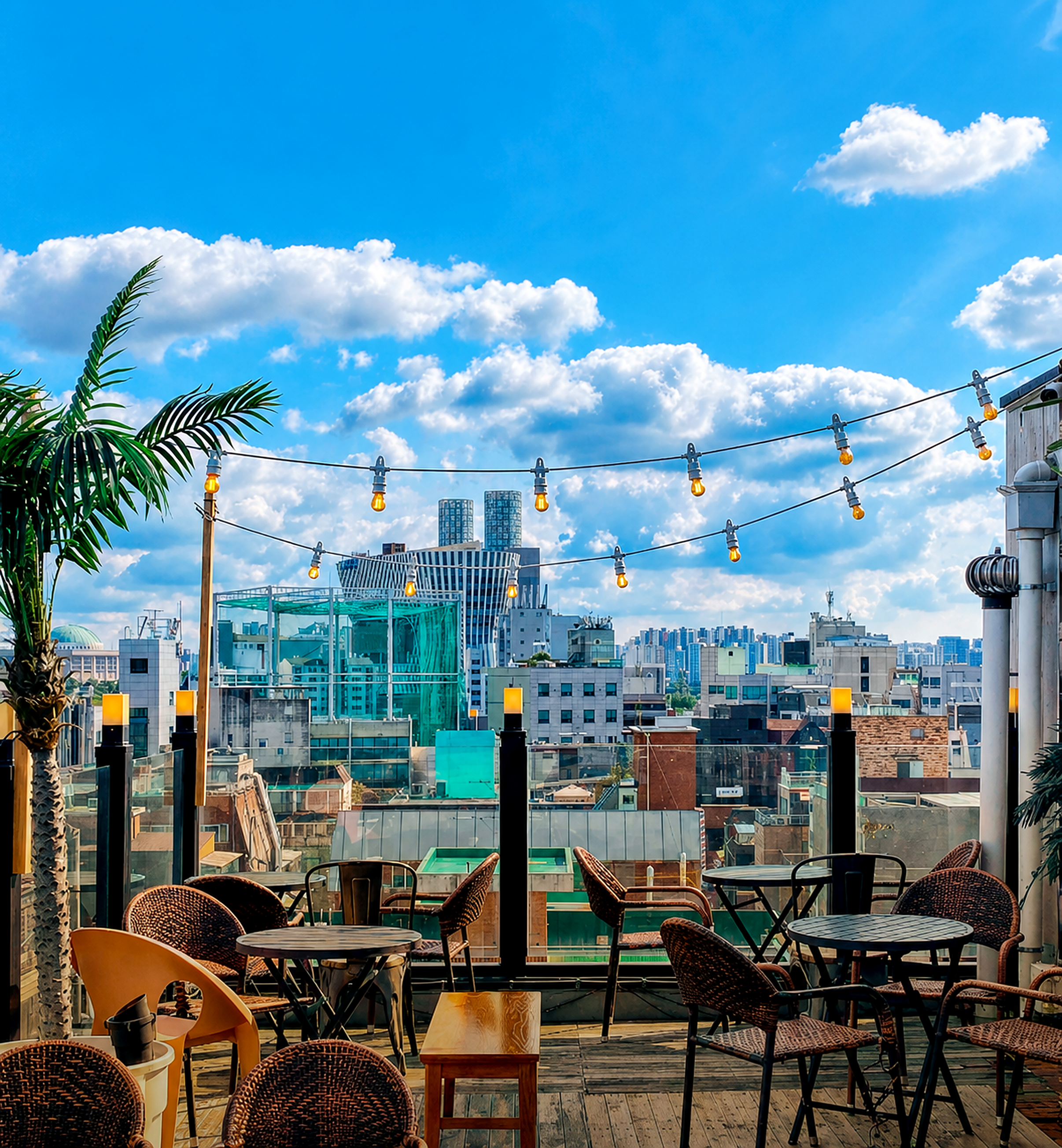 Bright daytime view of the Hongdae rooftop terrace with string lights, palm trees, outdoor tables, and Seoul skyline