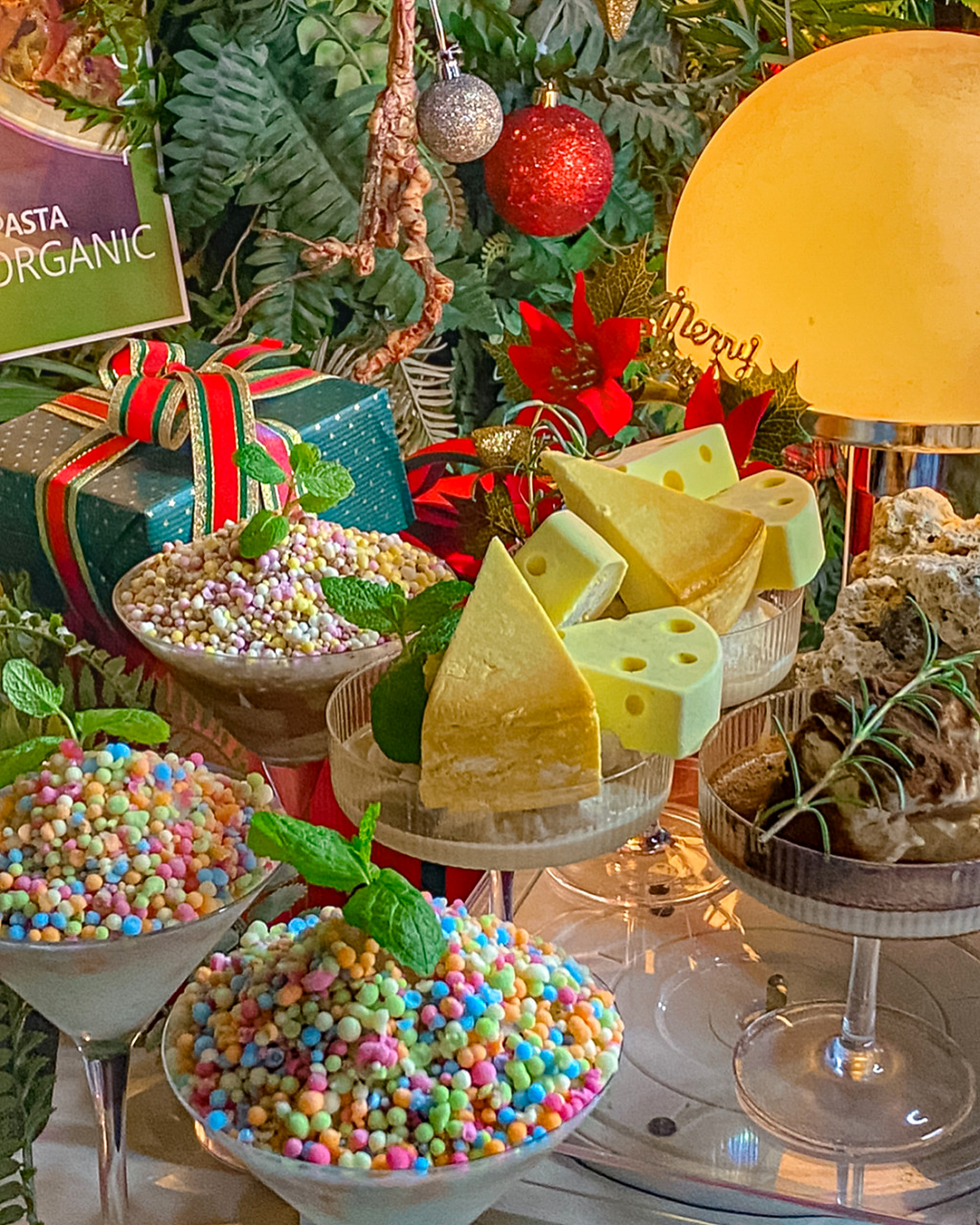 Signature bead ice cream and cheesecake cocktails arranged with festive decorations
