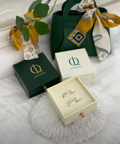 Loventa ring packaging and finished rings in the Seongsu studio