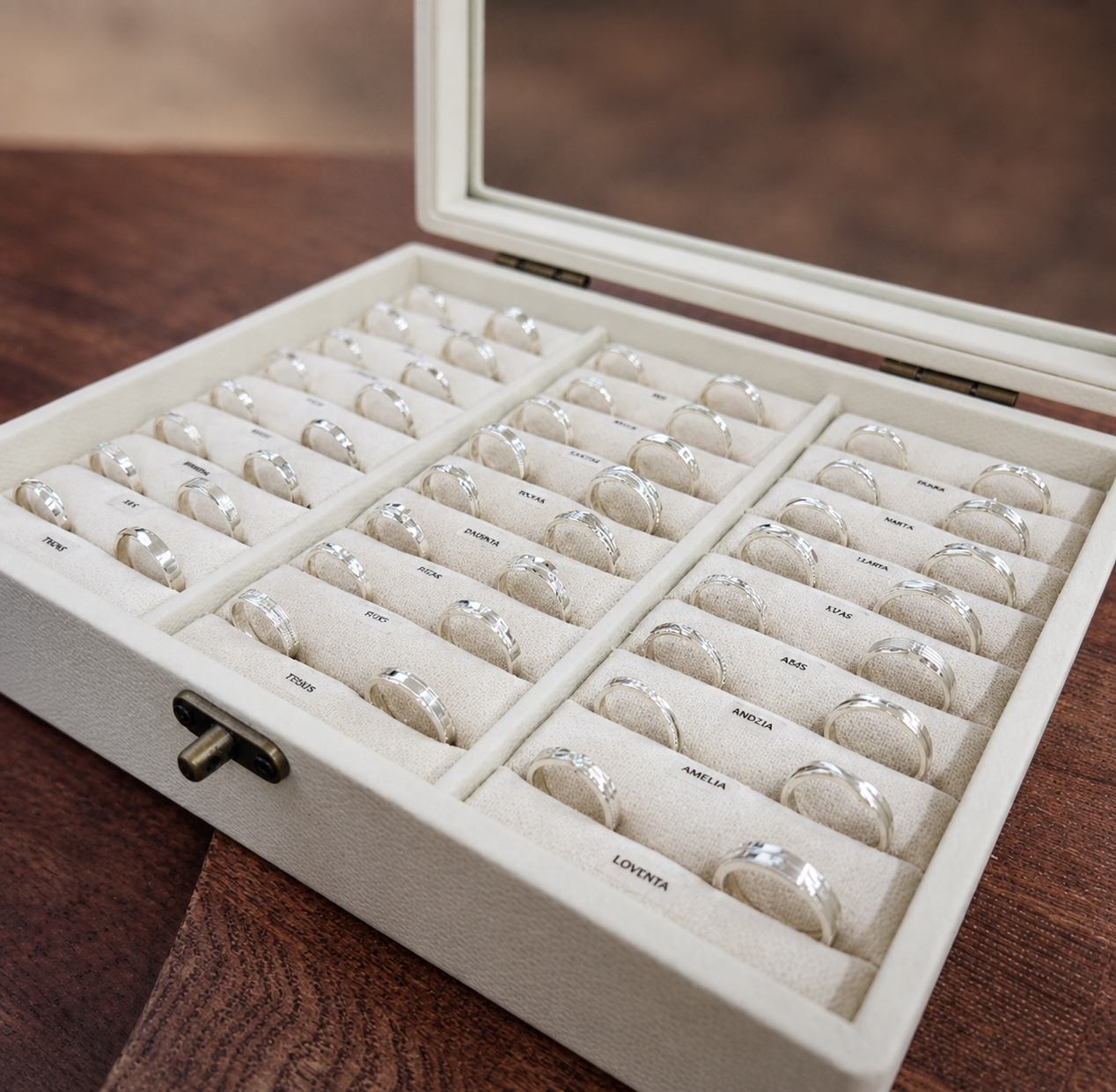 A selection of silver ring designs displayed in a cream jewelry case