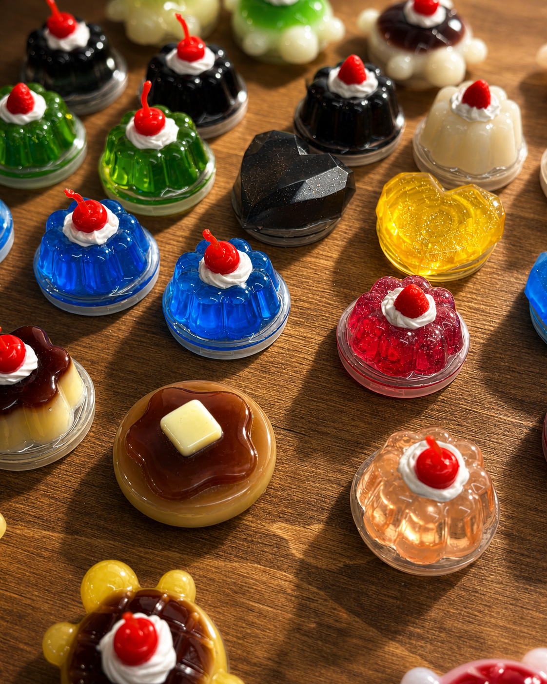 Art-directed catalog photograph of colorful resin dessert-shaped accessories
