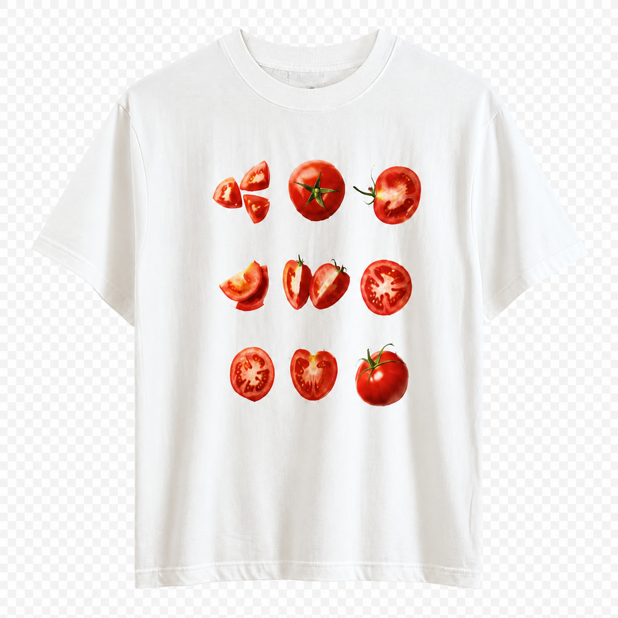 One front-facing white custom graphic T-shirt with tomato artwork
