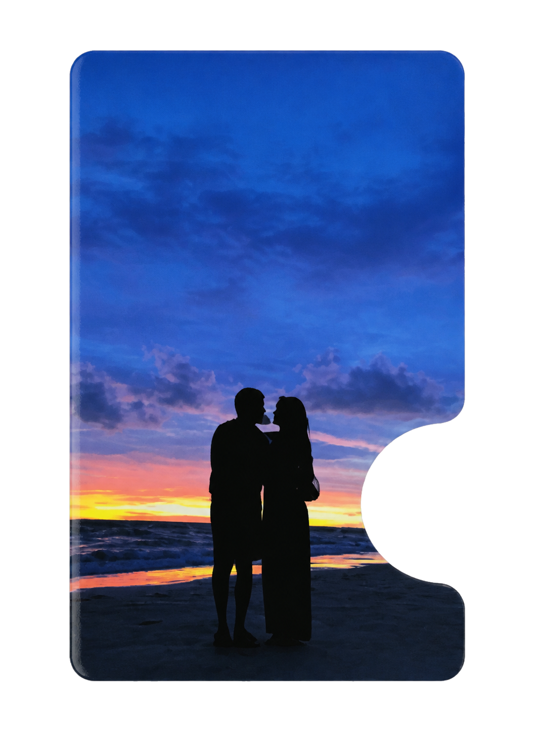 One front-facing blue custom photo card with a sunset scene and shadow-like silhouettes