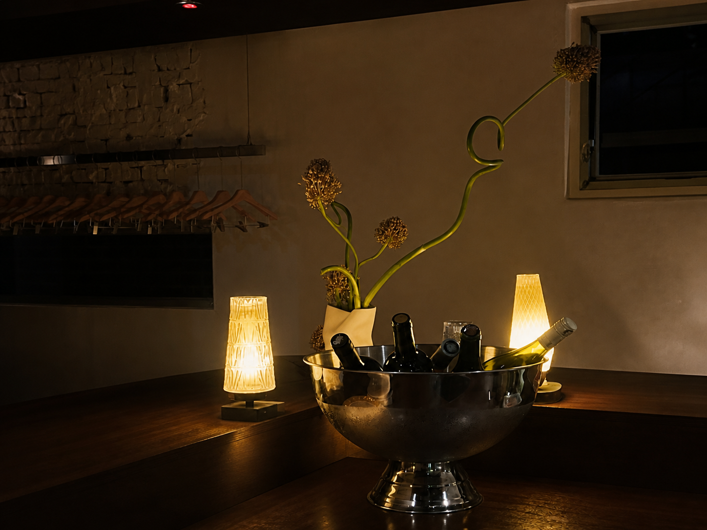 Signature flower arrangement and wine counter at KKIK Seoul