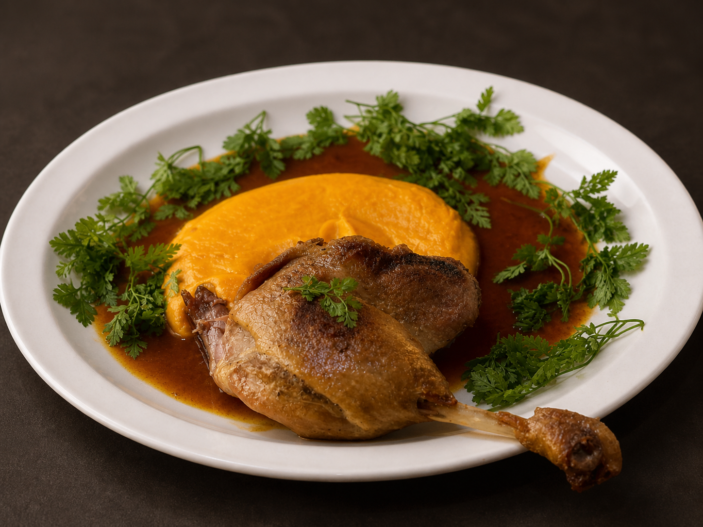 Confit duck leg with orange purée at KKIK Seoul