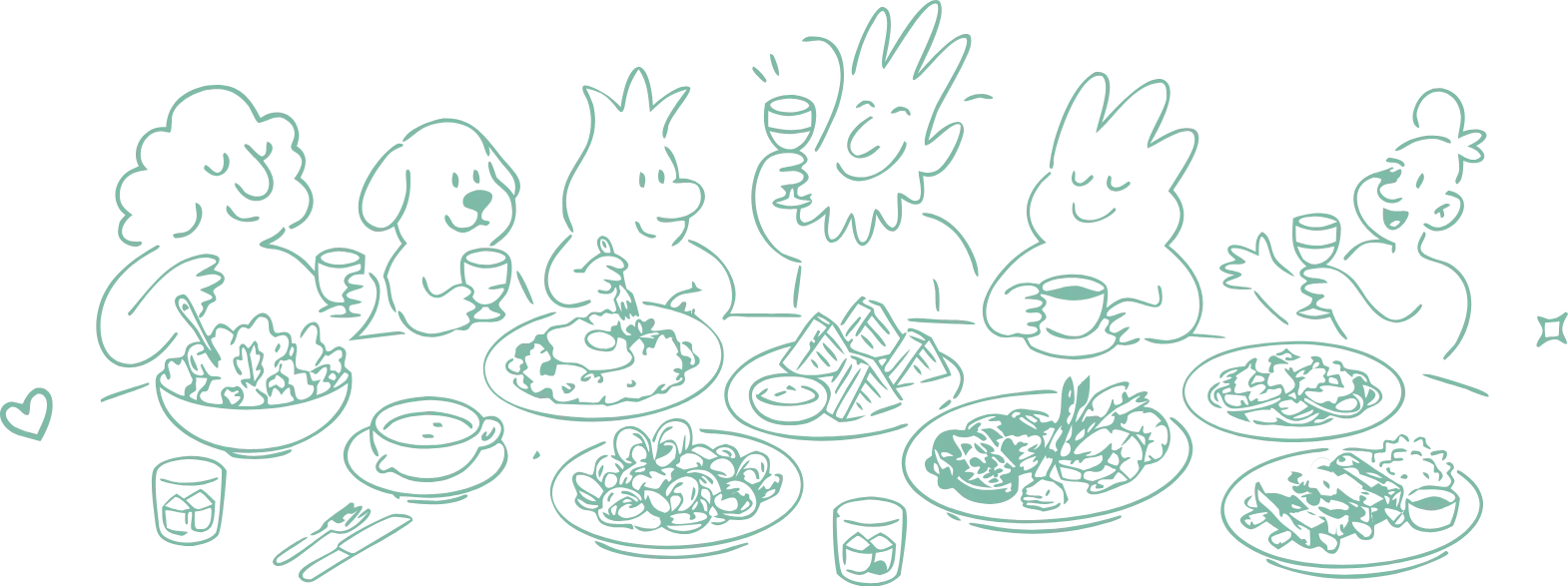 Illustrated families and friends sharing plates around a table