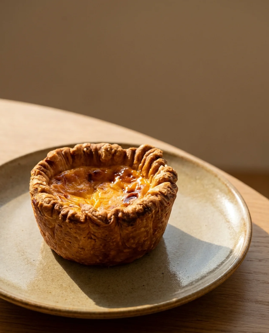A single egg tart on a plate under warm sunlight